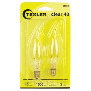 Tesler 40 Watt 2 Pack Bent Tip Candelabra Light Bulbs   #95923