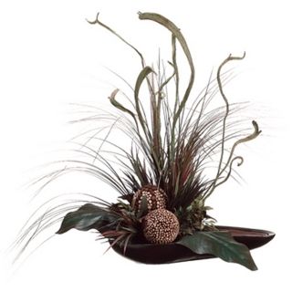 Canna Grass and Staghorn in Dish Faux Flower Arrangement   #N6758