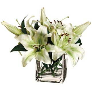 Pearl White Stargazer Lily Silk Flowers in Glass Vase   #W7621