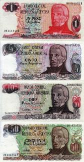 Argentina 1983 85 4 UNC Banknotes Set 1 5 10 50 Pesos