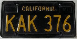 Black California License Plate KAK 376 1963 Base