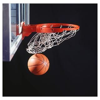 Basketball in hoop, close up Poster