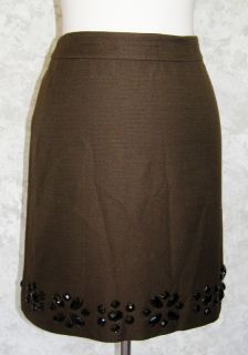 Ann Taylor Brown Jeweled Pencil Skirt 6P New Cotton Silk Fitted Beaded