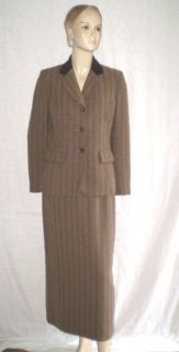 Kasper Brown Herringbone Long Pencil Skirt Suit Blazer Suede Collar