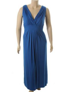 Karen Kane New Blue Jersey Double V Neck Pleated Long Maxi Dress Plus