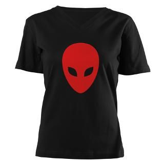 Red Alien Womens V Neck Dark T Shirt