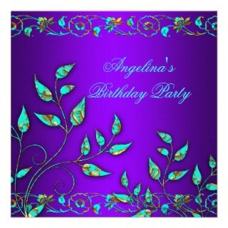 Purple Teal Blue Gold Floral Birthday Party Personalized Invites