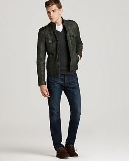 Vince Leather Jacket, Cashmere V Neck Sweater & Selvedge Slim Straight
