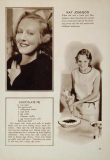 1931 Kay Johnson Movie Film Star Chocolate Pie Recipe Original