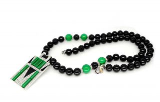 Kenneth Jay Lane Black & Green Art Deco Design Beaded Necklace