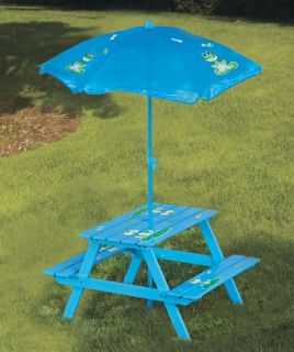Kid Wood Picnic Table Chair Umbrella Boy Girl Ladybug Frog Pool Deck