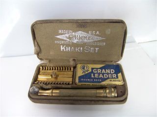 Vintage WWI Gillette Khaki Safety Razor Shaving Set Military