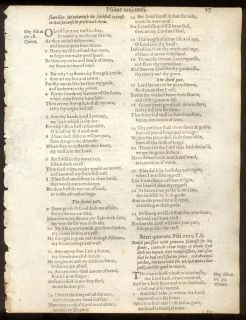 1613 King James Roman Letter Bible Psalter Leaf RARE Psalms Set to