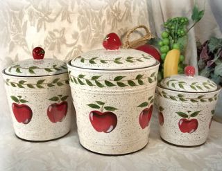 Country Kitchen Porcelain Apple Bucket 3 Piece Canisters Set Free