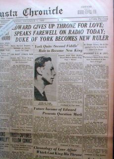 1936 Headline Newspapers British King Edward VIII Abdicates Throne