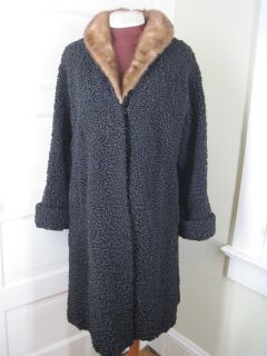 Hochschild Kohn Jet Black Vintage Curly Real Lamb Mink Fur Coat L XL
