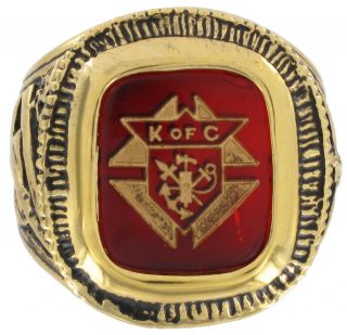 Gold GE Knights of Columbus Red Glass Mens Ring Sz 13