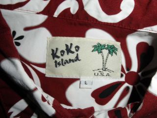 Koko Island Mens Hawaiian Shirt Large Button Down Camp Red White