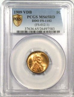 1909 VDB DDO FS 1102 Lincoln Cent PCGS MS65RD Secure Plus Doubled Die