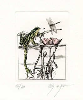 Frog Dragonfly Water Lily EX libris Etching by Elly de Koster