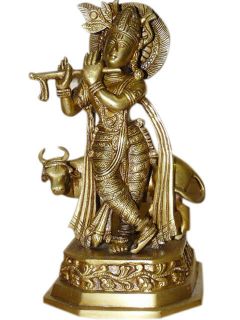 Lord Krishna Statue Brass Sculpture Playing Flute Religious Art