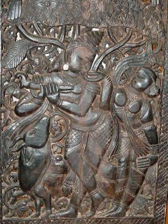 Antique India Furniture Radha Krishna Wall Panel Hand Carved Wood Door