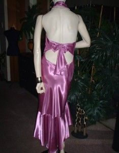 La Vie En Rose Pink Satin Long Halter Cowl Nightgown Sexy Low Tie Back