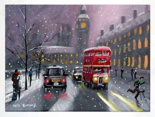 Pete Rumney Art Snow in Town London Big Ben Black Cab Double Decker