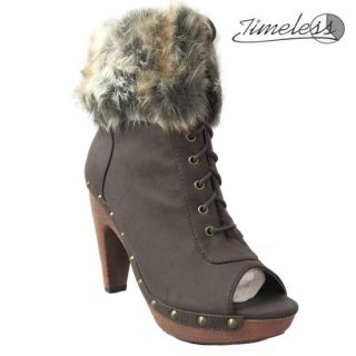Timeless High Heel Toeless DK Brown Clog Boots Fur 3 8