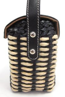 LAMBERTSON Truex Black Leather Straw Baguette Handbag