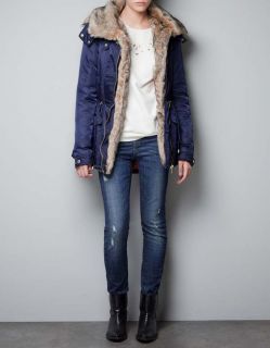 Zara Navy Blue Fur Lined Parka Jacket Coat Size XS