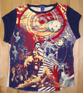 Cirque du Soleil colorful print top with acrobats, clowns, and