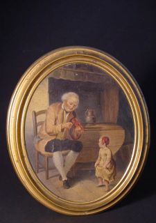 Signed Oil Painting Violin Player Girl C 1827