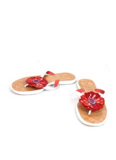 Authentic Coach White Red Leather Larisa Big Flower Flip Flops Sandals