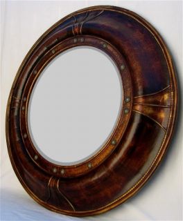 Large 34 Wood Leather Look Wall Hanging Round Mirror