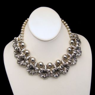 Chunky Necklace Huge Flower Dangles Large Beads Silvertone