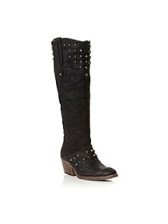 Bertie Taffie Knee High Studded Western Boots Black   