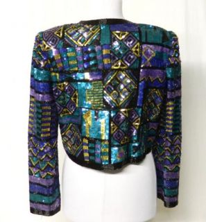 Lawrence Kazar Size XL Heavily Beaded Sequins Black Silk Crop Jacket