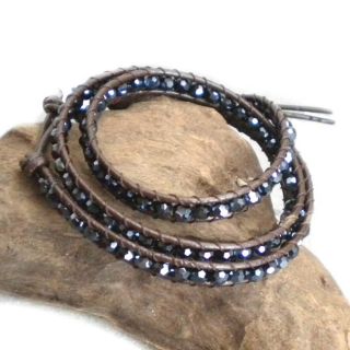 Black Muse Crystal Trendy Triple Wrap Leather Bracelet