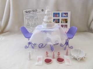 Barbie Furniture Table Two Chairs Table Cloth Wedding Cake Punch Bowl