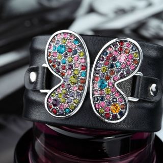 Bendable Black Leather Rhinestone Butterfly Cuff Bracelet Multicolor