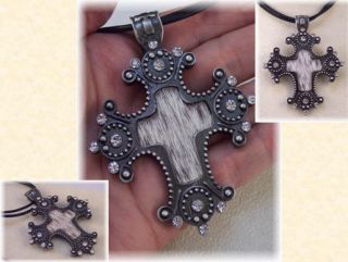 Country Western Cowgirl Rhinestone Stud Cross Necklace on Leather Cord