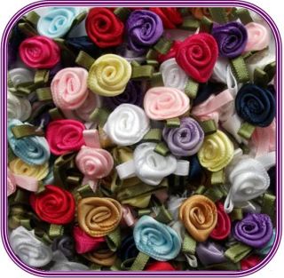 Mini Satin Ribbon Roses with Satin Leaves Choose Your Colour and Pack