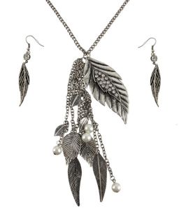 Silvertone Leaf Fashion Necklace and Earrings Set
