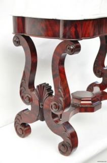 19th C Empire Crutch Mahogany Marble Top Console Table Ornate Legs