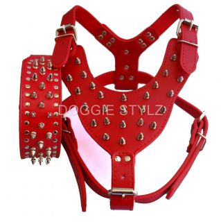 Pink Leather Dog Harness Collar Set Spike Studs Pit Bull Terrier