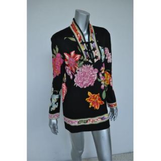 Vtg Leonard Paris Mini Dress Tunic Asian Inspired Ethnik Floral Mikado