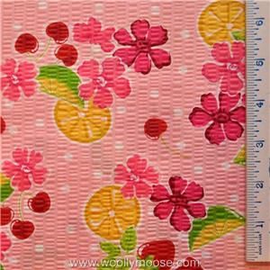 Seersucker Pink Lemonade Lime Lemon Floral Dots Fabric