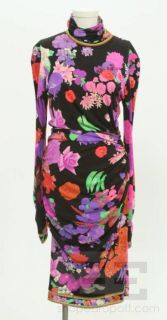 Leonard Paris Multicolor Silk Floral Print Long Sleeve Ruched Dress