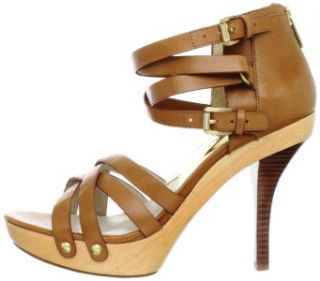 Womens Michael Kors Leonia Platform Sandals Strappy Heels Luggage Tan